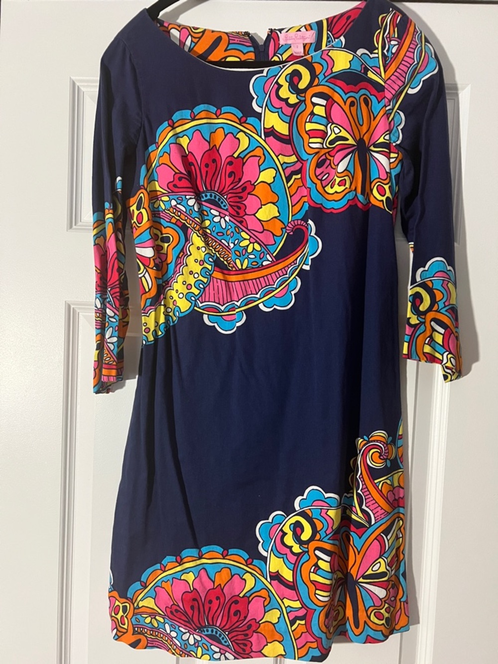 Navy Floral Paisley Shift Dress with Bright Multicolor Print